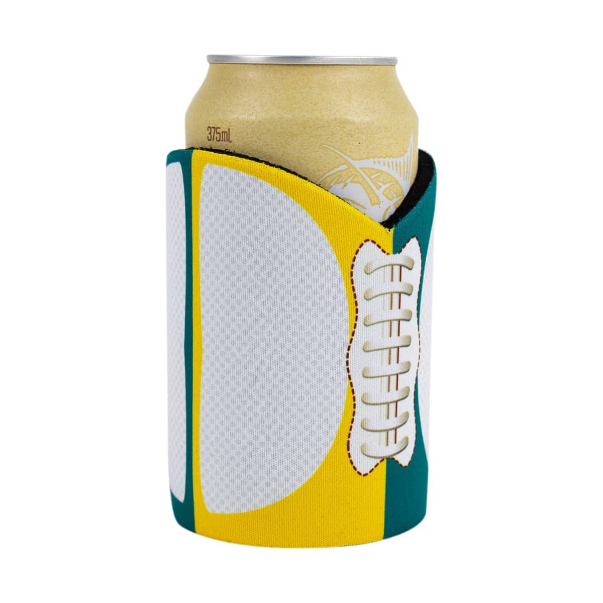 A yellow, green, and white can holder designed to resemble a football with stitching details covers a light-colored beverage can.