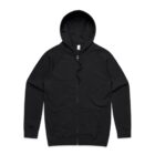 Black zip-up hoodie with front pockets and a hood, laid flat on a white background.