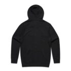 Black hooded sweatshirt laid flat, shown from the back on a white background.