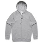 Gray zip-up hoodie with front pockets and a drawstring hood, laid flat on a white background.