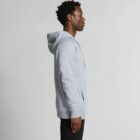 Man in a gray hoodie and black pants standing in profile against a plain background.