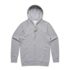 A plain grey zip-up hoodie with a hood and drawstrings, laid flat on a white background.
