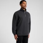 Man wearing a black quarter-zip sweatshirt standing against a plain light background.