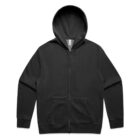 Black zip-up hoodie with front pockets, laid flat on a white background.