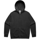 Black zip-up hoodie with front pockets and hood, laid flat on a white background.