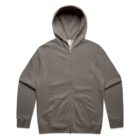 Gray zip-up hoodie with front pockets, laid flat on a white background.