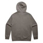 Back view of a plain gray hooded sweatshirt with long sleeves.