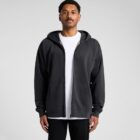 A man wears a black zip-up hoodie over a white t-shirt, standing against a gray background.