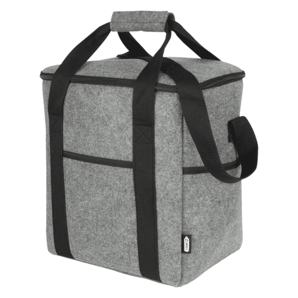 Gray insulated cooler bag with a square shape, featuring a front pocket and a small label. The bag has a zipper closure, sturdy black carrying straps, and a side handle for easy transport.