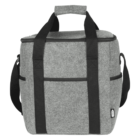 Gray rectangular cooler bag with black straps and a handle. It has a front pocket and a zippered top closure. The design is simple and functional, suitable for carrying food and beverages.