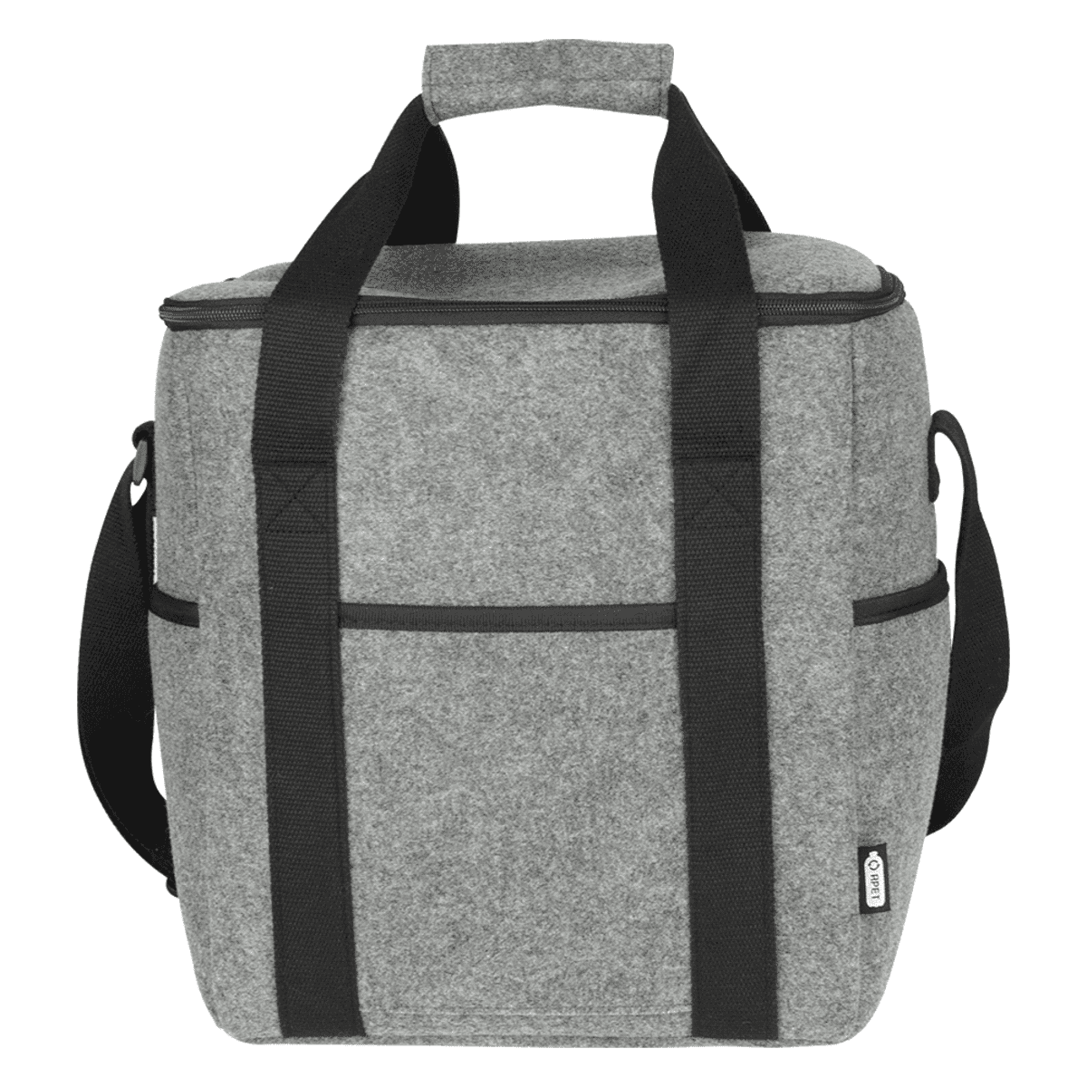 Gray rectangular cooler bag with black straps and a handle. It has a front pocket and a zippered top closure. The design is simple and functional, suitable for carrying food and beverages.