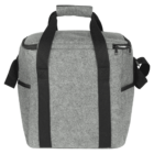 A gray, square-shaped, insulated cooler tote bag with a zippered top. It features black handles and side pockets, designed for carrying food and beverages. The bag has a padded handle on top for comfortable carrying.
