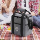 A gray cooler bag with black straps is on a plaid picnic blanket outdoors. A group of people sits nearby, with partially visible clothing including plaid shirts. Theres a bowl of fruit and a lemon adjacent to the bag.