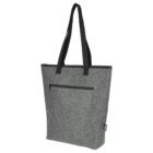 A gray tote bag with long black handles and a front zipper pocket. The bag has a simple, minimalist design with a textured fabric finish.