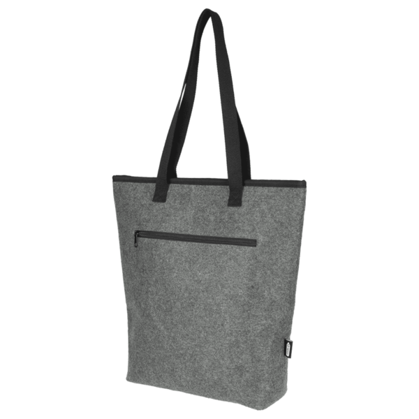 A gray tote bag with long black handles and a front zipper pocket. The bag has a simple, minimalist design with a textured fabric finish.
