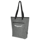A gray tote bag with black handles and a zippered front pocket. The word Organic is printed on the front in white letters, accompanied by a small leaf design.