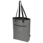 Gray felt tote bag with black handles and trim. Features a front zipper pocket and a small logo tag on the side. The interior has a patterned lining visible from the top. The bag has a sleek and minimalist design.