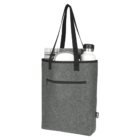 A gray tote bag with black handles and trim is filled with a rolled-up checkered towel, a white disc, and a white water bottle. The bag features a front zippered pocket.