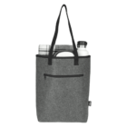 Gray felt tote bag with black handles, featuring a front zipper pocket. Partially filled with a plaid blanket, a black and white spiral-bound notebook, a water bottle, and a ukulele neck sticking out.