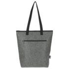 A gray felt tote bag with black handles. It features a black zipper pocket on the front. The bag is simple and versatile, suitable for casual use.