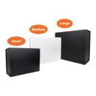Three rectangular boxes of different sizes are shown against a white background. The small and large boxes are black, while the medium box is white. Orange labels above each box indicate their sizes: Small, Medium, and Large.