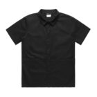 A black, short-sleeved button-up shirt with a collar, displayed on a plain white background.