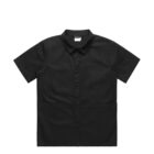 A black short-sleeved button-up shirt with a collar and a white tag at the neckline, displayed on a plain white background.