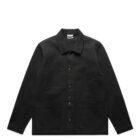 A black button-up jacket with a collar and several front pockets is displayed against a white background. The jacket features buttons down the center and on the pocket flaps.