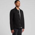 A person wearing a black jacket over a white shirt stands against a plain background. The jacket features large front pockets and button-down detailing. The person has short hair and a mustache.