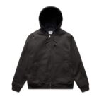 A black zip-up hoodie with a hood and drawstrings, featuring two front pockets and ribbed cuffs. The hoodie is laid flat against a white background.
