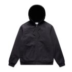 A black hooded zip-up jacket with drawstrings and ribbed cuffs and hem, laid flat against a white background. The jacket has two front pockets and a simple, classic design.