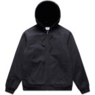 A black hooded jacket with a front zipper, two pockets, and drawstrings on the hood. It has ribbed cuffs and hem, and is displayed against a white background.