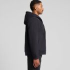 A man in a black hoodie and dark pants is standing in profile view against a plain gray background.