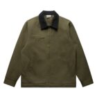 A green jacket with a black collar, featuring a front zip pocket on the chest and two side pockets. The jacket has long sleeves and a simple, casual design.