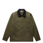 A green zip-up jacket with a dark collar is laid flat. It features two side pockets and a chest pocket on the left side. The jacket has a minimalist design with a structured shape.