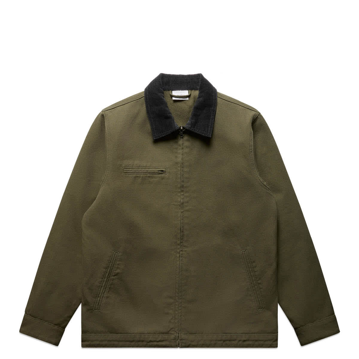 A green zip-up jacket with a dark collar is laid flat. It features two side pockets and a chest pocket on the left side. The jacket has a minimalist design with a structured shape.