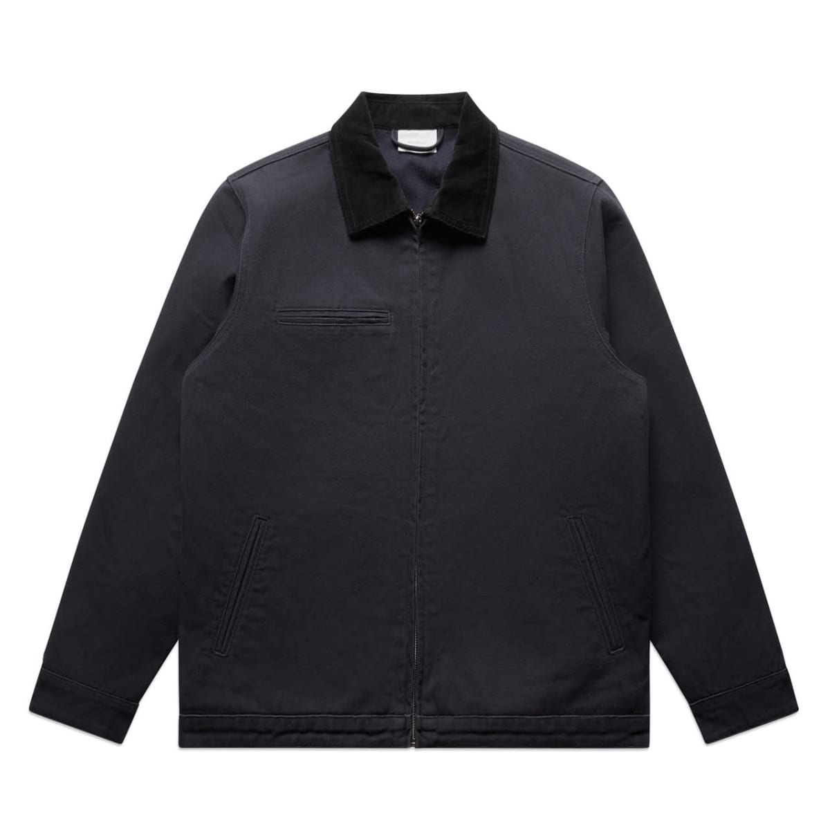A black zip-up jacket with a collar, featuring a front chest pocket and two side pockets. The jacket has a structured design, suitable for casual or semi-formal wear.