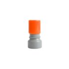 An orange and gray cylindrical connector or cap, isolated on a white background. The orange part is smooth and rounded, while the gray section has ribbed detailing and a wider base.