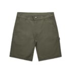 Olive green shorts with belt loops, a button closure, and side pockets. The fabric appears sturdy and suitable for casual wear.