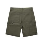 Olive green cargo shorts with multiple pockets, displayed from the back. The shorts have belt loops and two large rectangular pockets on each side, with additional utility pockets on the legs.