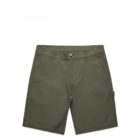 Olive green cargo shorts with a button and zip fly closure, front pockets, and side pockets. The shorts have a casual design and are laid flat against a white background.