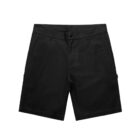 A pair of black shorts with belt loops and a button closure. The shorts have a simple design and appear to be made of a lightweight fabric.