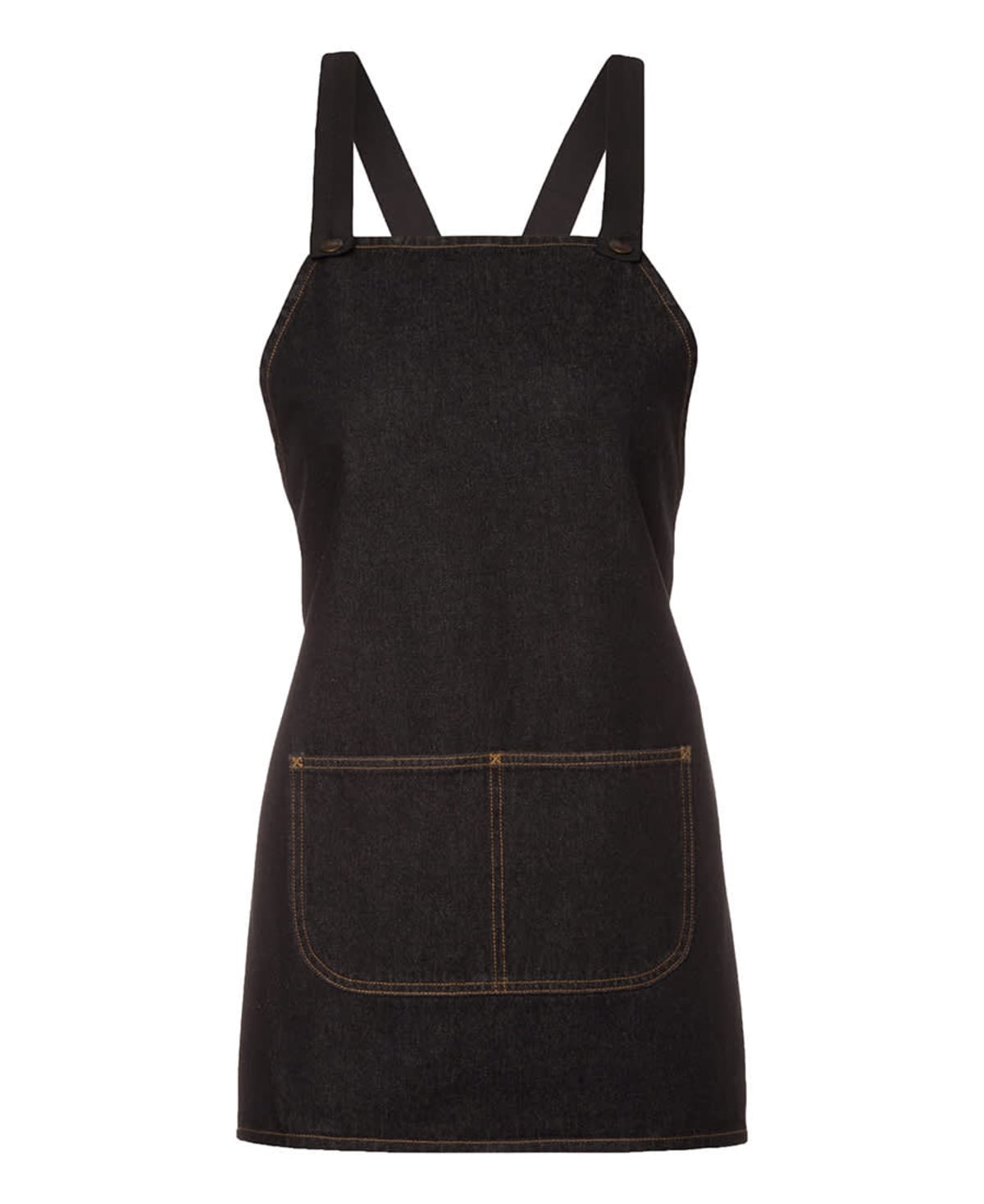 A black denim apron with thick straps and a large front pocket. The stitching is visible around the edges and pocket, adding a subtle design accent. The apron is displayed against a plain white background.