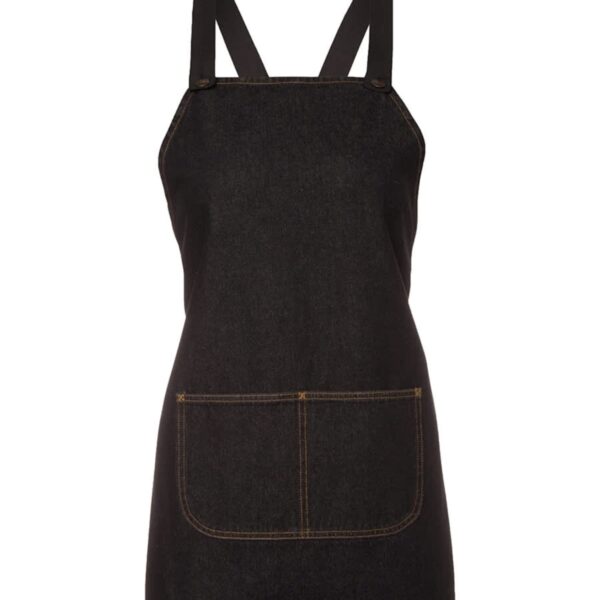 A black denim apron with adjustable straps and a large front pocket. The apron has orange stitching and is displayed against a plain white background.
