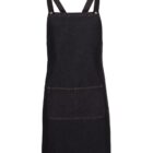 A black denim apron with adjustable straps and a large front pocket, displayed against a white background.
