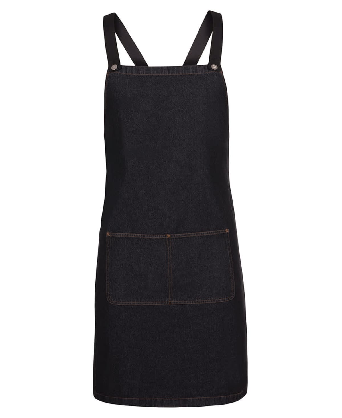 A black denim apron with adjustable straps and a large front pocket, displayed against a white background.