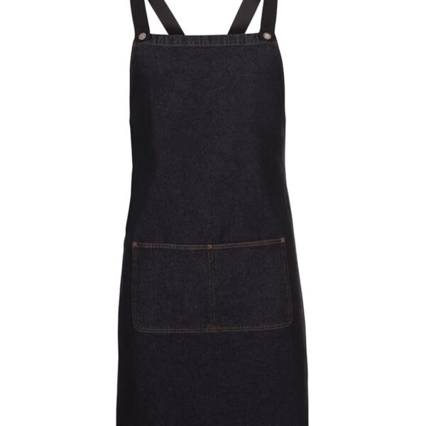 A black denim apron with two adjustable straps and a large front pocket.