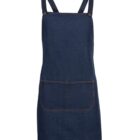 A denim apron with two adjustable shoulder straps and a large front pocket. The apron features dark blue fabric with contrasting brown stitching.