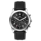 A silver wristwatch with a black dial featuring Arabic numerals, three subdials, and a date display. The watch has a black leather strap with white stitching and a polished metal casing. The brand name is displayed below the 12 oclock position.