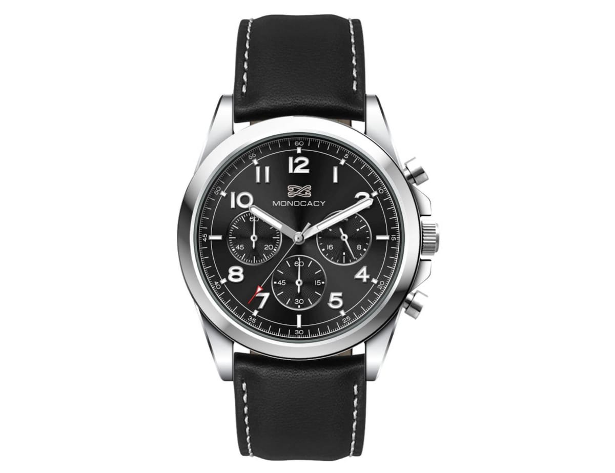 A silver wristwatch with a black dial featuring Arabic numerals, three subdials, and a date display. The watch has a black leather strap with white stitching and a polished metal casing. The brand name is displayed below the 12 oclock position.